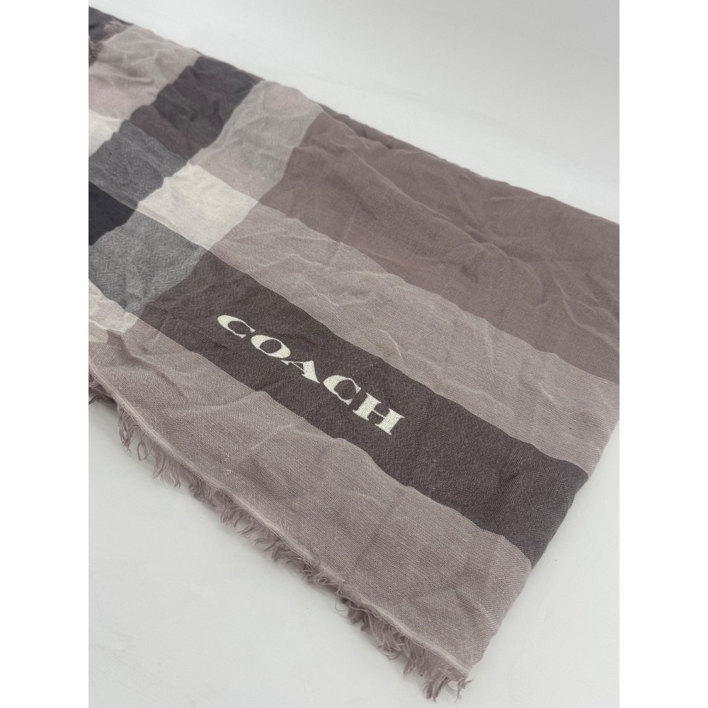 Coach‎ Plaid Scarf Grey Mauve Purple Checkered Logo Fringe Wrap Shawl Accessory